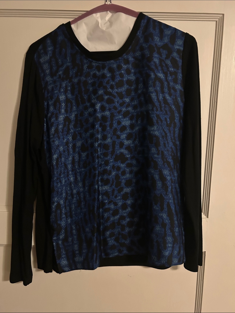 Kobi Halperin Blue Animal-Print Long Sleeve Top with Black Sleeves